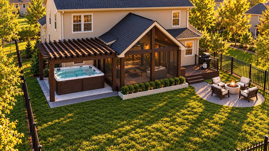 Design rendering of a backyard with a gabled screened porch, an open pergola over a hot tub and a round fire pit patio