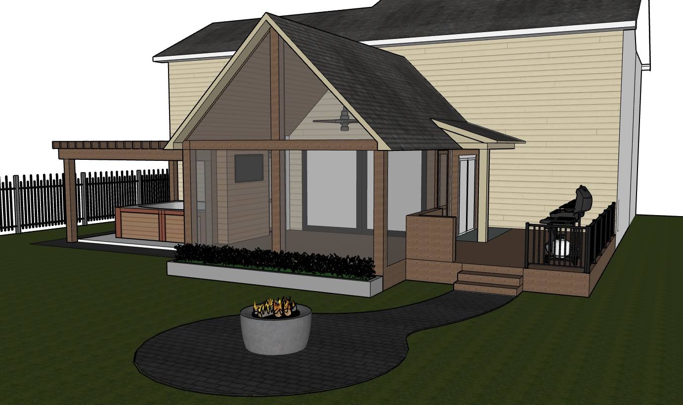 3D planning model of the same backyard design showing the screened porch, pergola, deck stairs and fire pit path